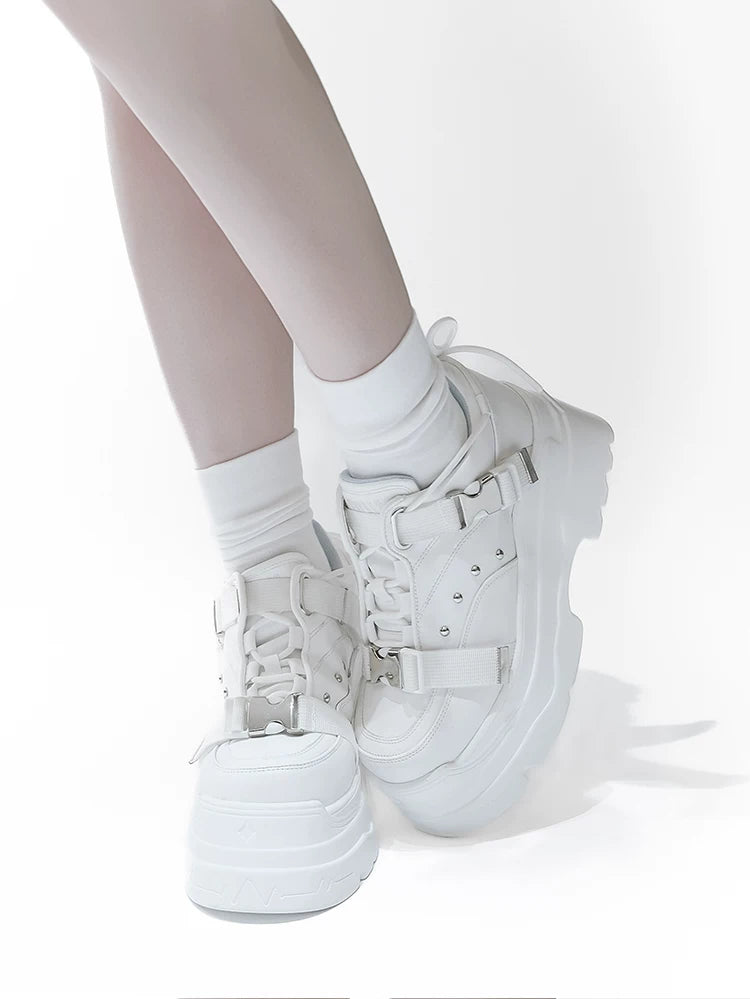 White/Black Punk High Platform Shoes, Metal Buckles 44400:807759