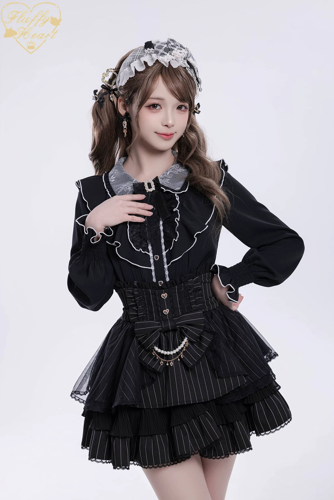 Jirai Kei Long-Sleeved Shirt, Ruffled Collar 45128:835577
