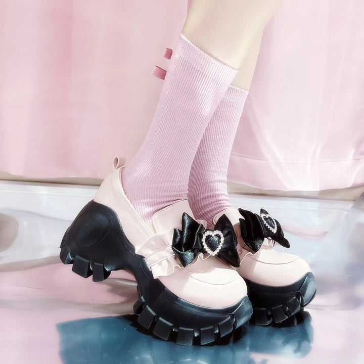 JK Uniform Pink Black Platform Shoes With Bow Ties (35 36 37 38 39) 21892:331954 (35 36 37 38 39) 21892:331954