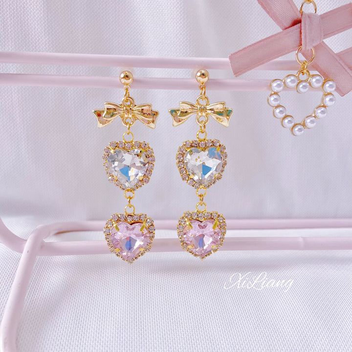 Jirai Kei Earrings Pink Heart Rhinestone Bow Ear Clips 33800:449886 33800:449886