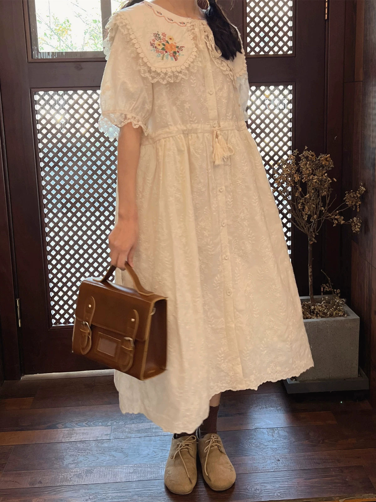 Mori Kei Dress Cottagecore Dress Short Sleeve Dress 36212:524208