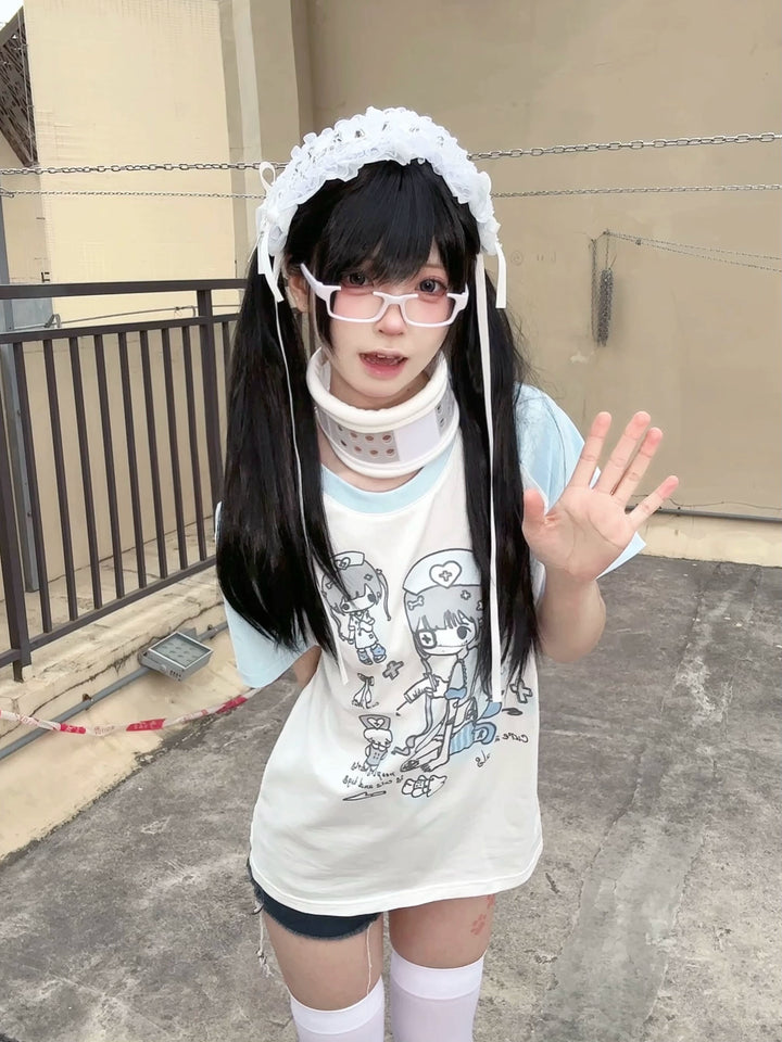 Yami Kawaii Cotton T-Shirt with Angelic Nurse Print 42852:755369