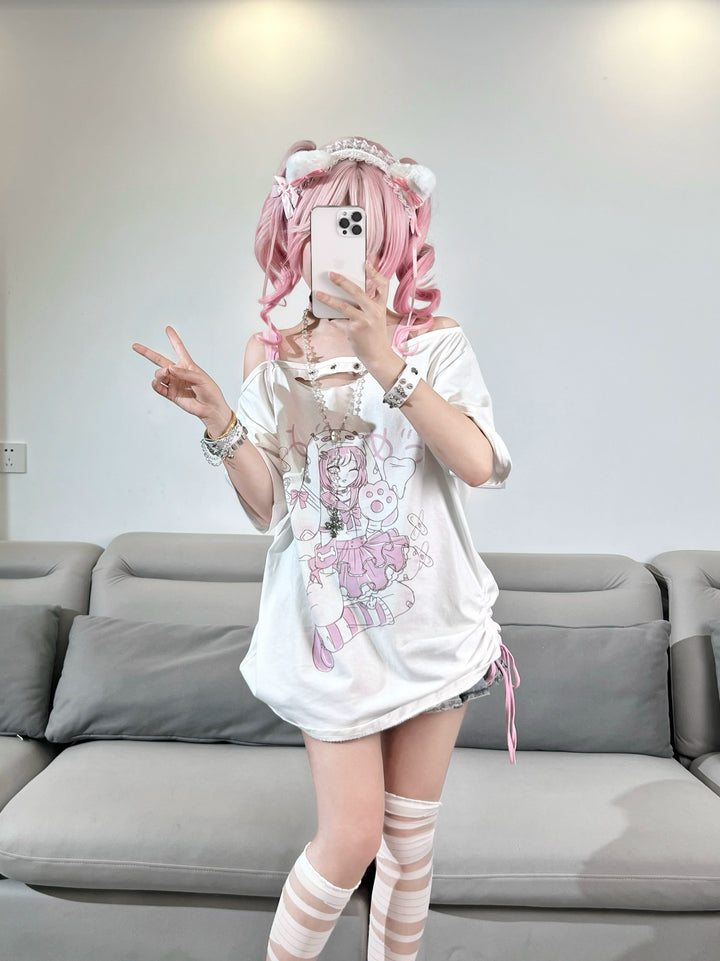 Y2K T-shirt Anime Print Subculture Off-shoulder Shirt 38524:592502