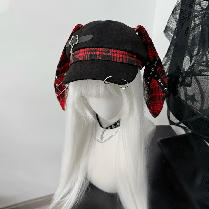 Plaid Punk Beret Hat, Bunny Ears, Safety Pins (M / Red) 43833:786488