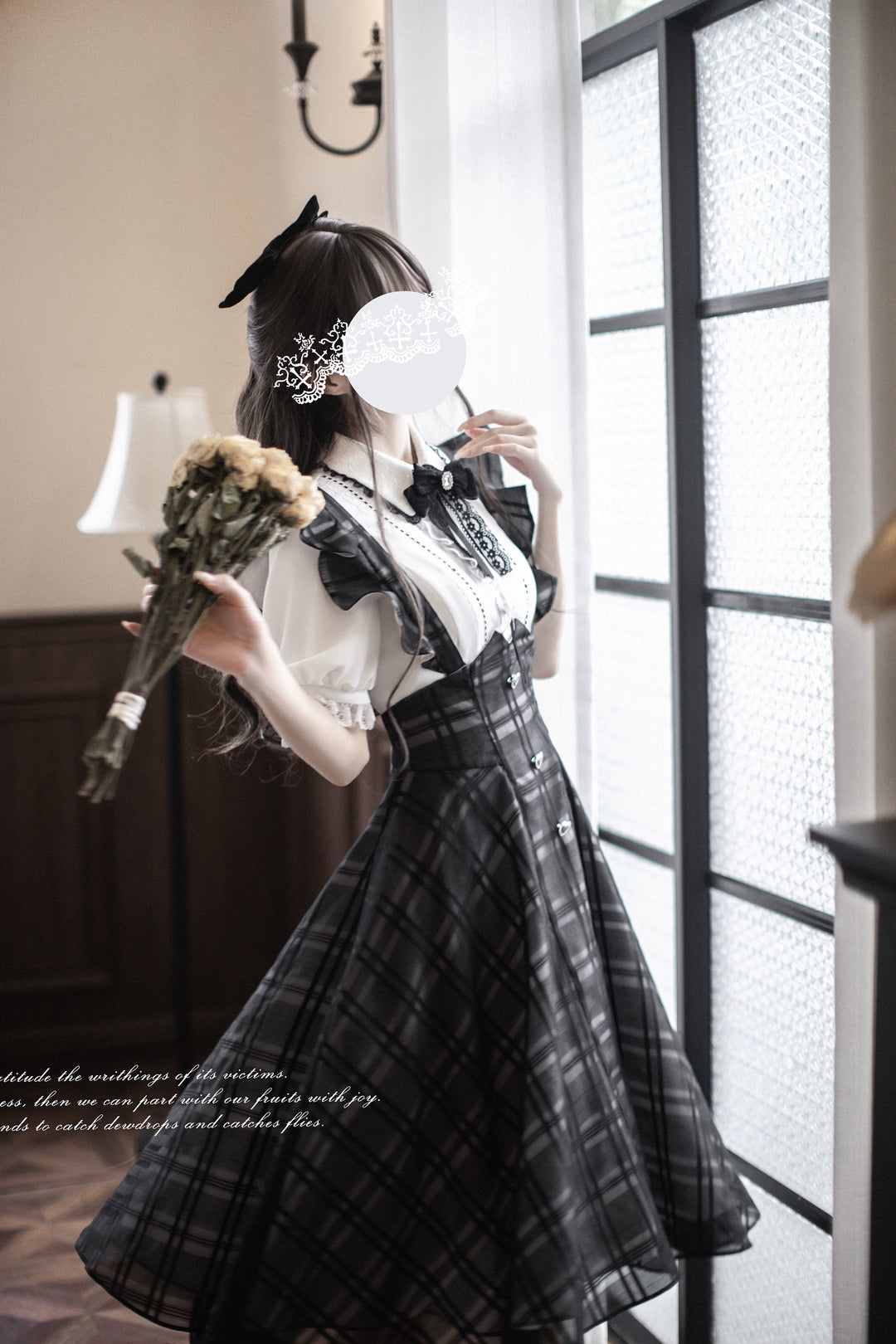 Black Jirai Kei Plaid Suspender Skirt Set with White Blouse 42918:760662