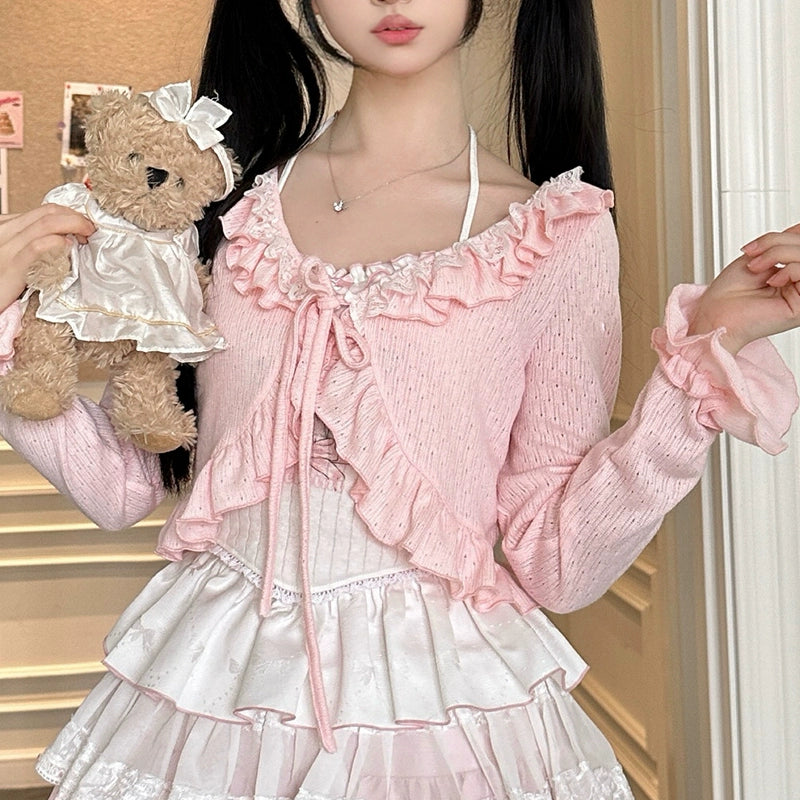 Ryousangata Skirt Set Pink Cardigan White Straps Top – Honey
