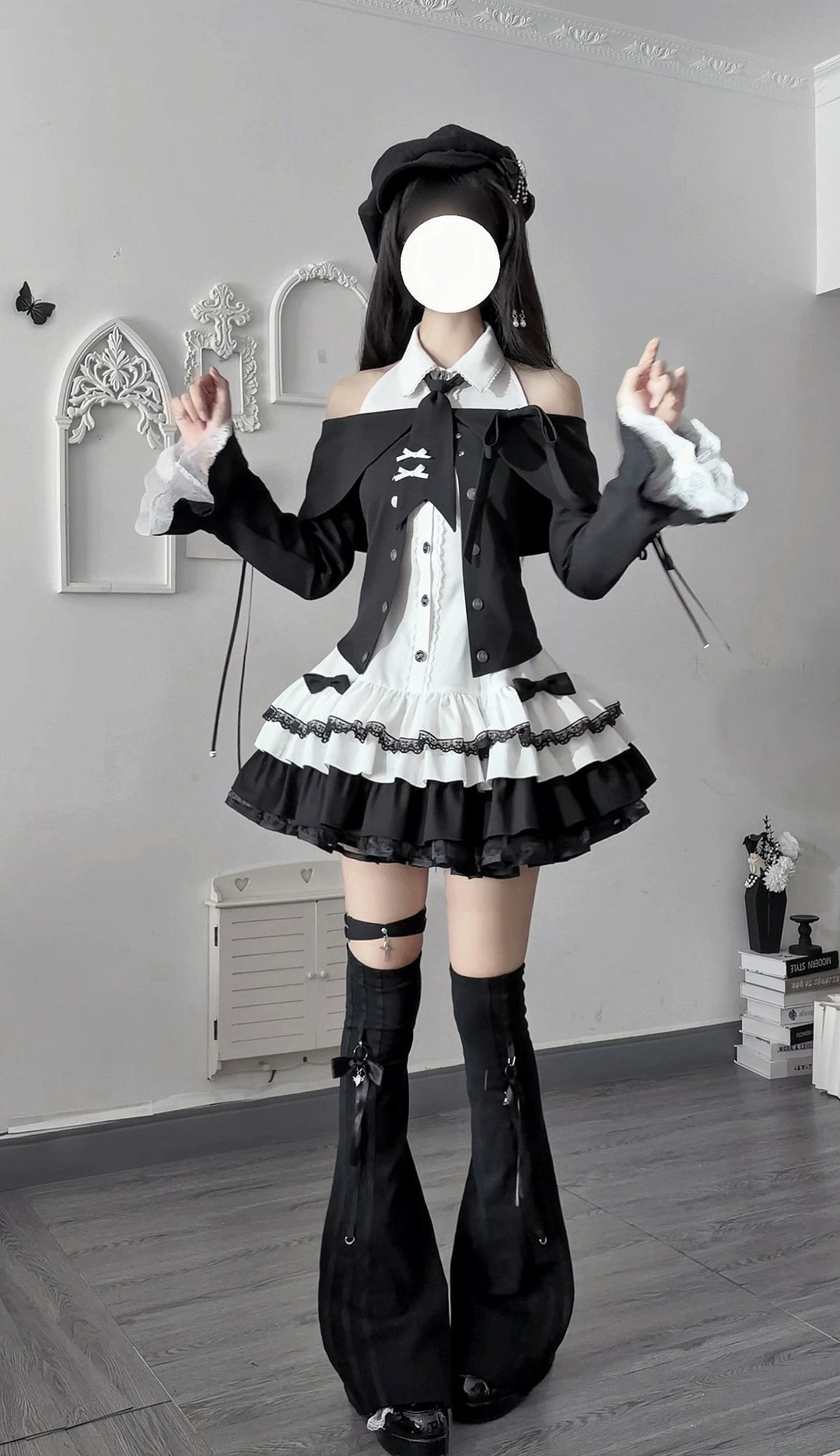 Jirai Kei Black White Dress and Jacket Set, Off-Shoulder 45988:871041