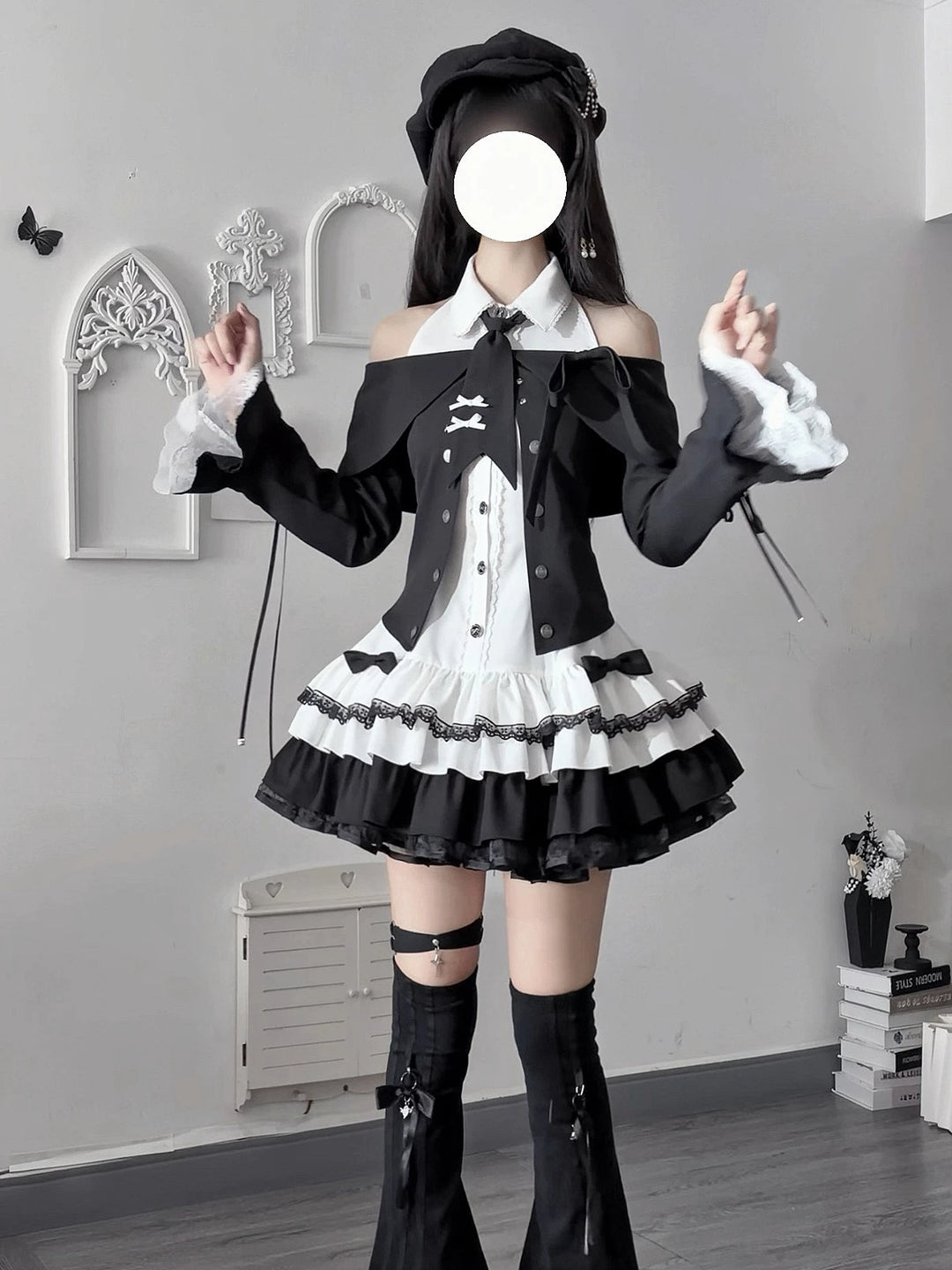 Jirai Kei Black White Dress and Jacket Set, Off-Shoulder 45988:871023