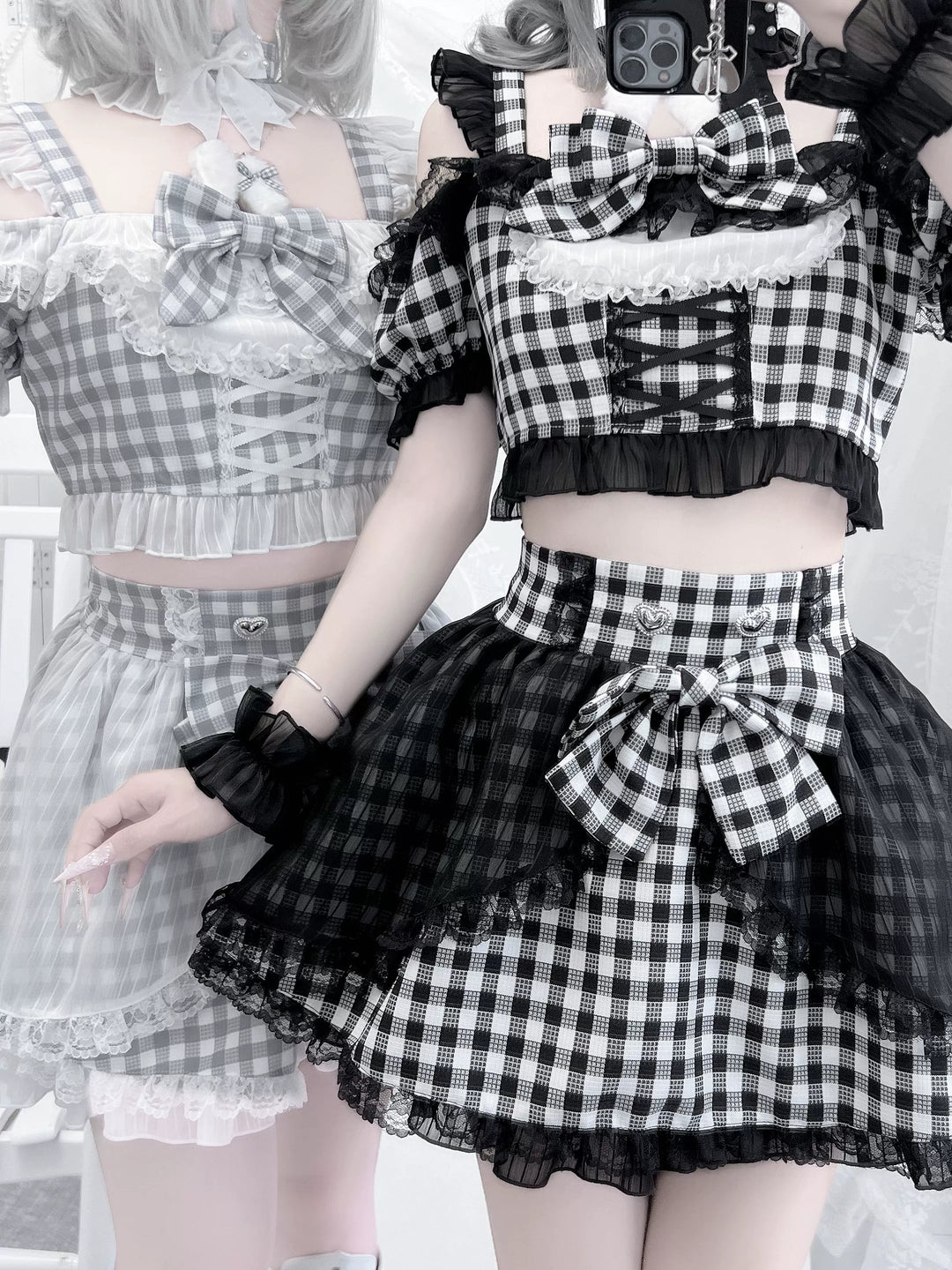 Plaid Stage Jirai Kei Outfit, Furry Bunny Ear Blouse, Skirt 43614:780914