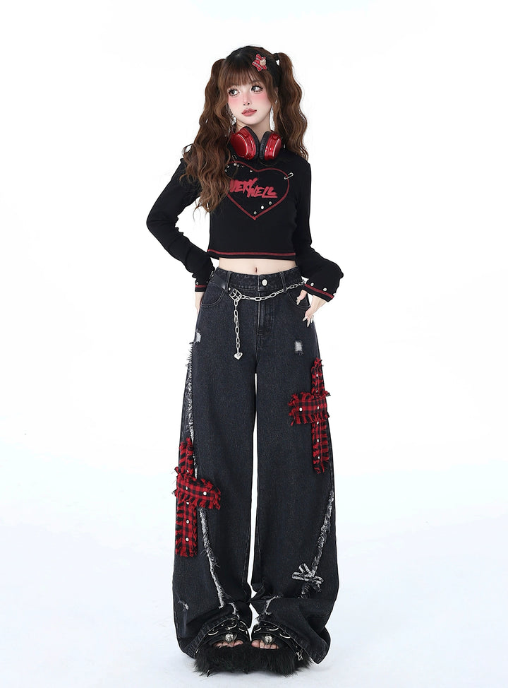 Punk Wide-Leg Pants Subculture Trousers Black Straight Jeans 39548:632762