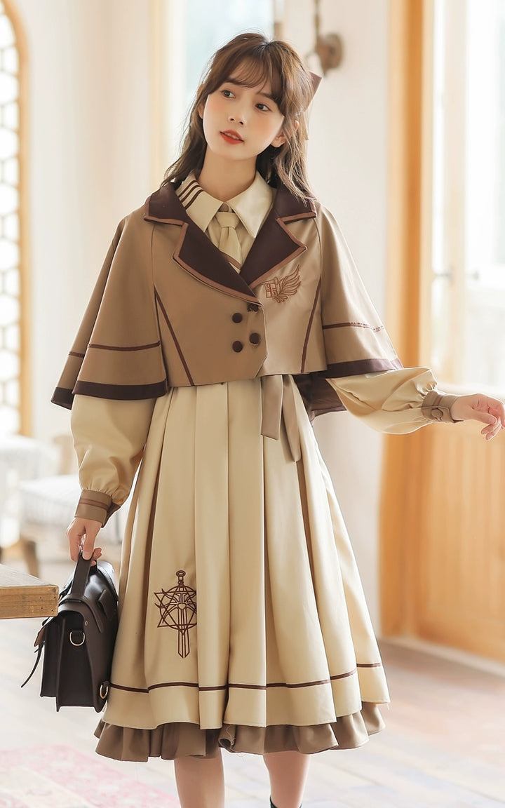 Preppy JK Uniform Dress A-line Princess Dress With Cape Multicolor (L M S XL) 42437:761043