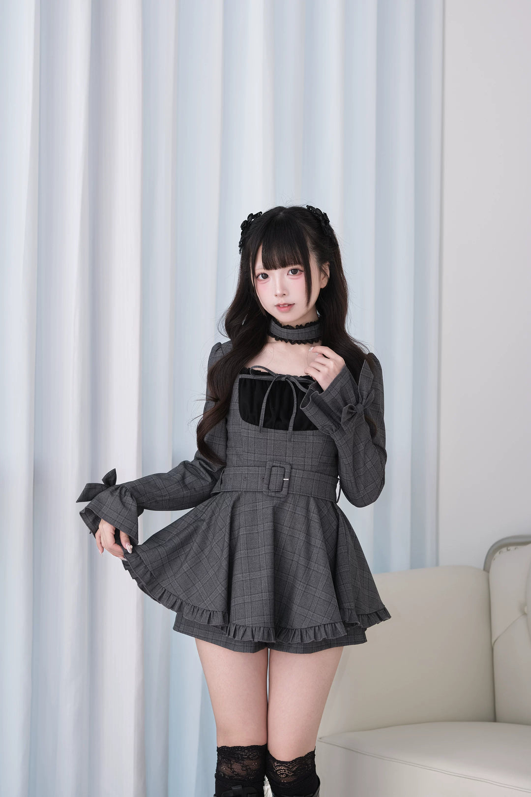 Jirai Kei Plaid Dress and Shorts Set, Lace Trim Choker (M S) 44689:819255