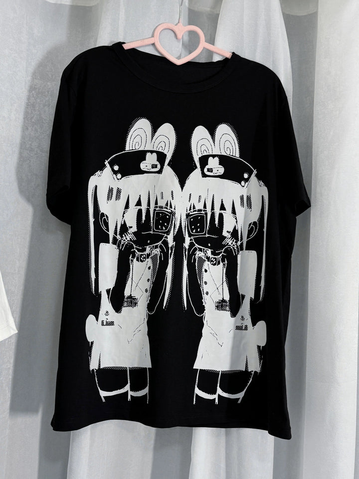 Jirai Kei Shirt Black Rabbit Ear Girls Short-sleeved Top (L M S / Black) 37992:596416