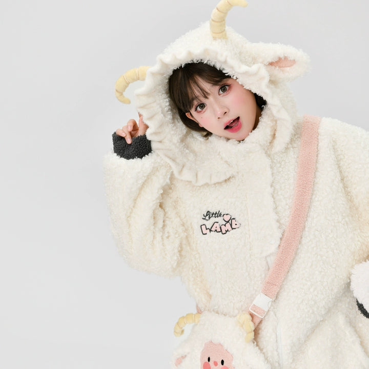 Mori Kei White Winter Jacket Little Sheep Fleece Coat 22696:328476