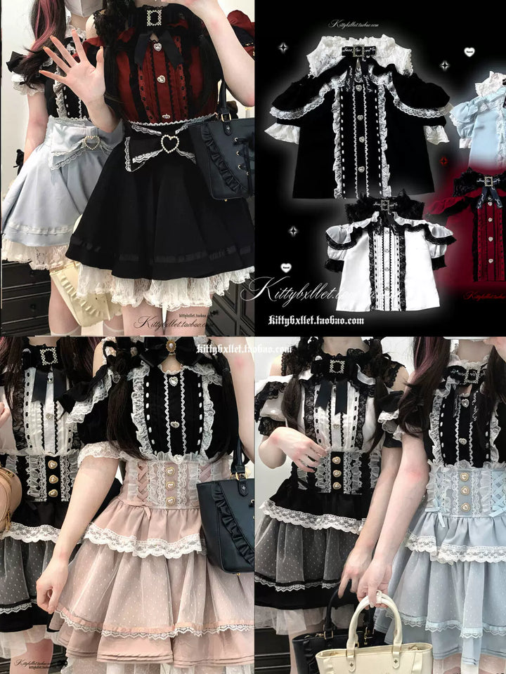 Lace Open Shoulder Jirai Kei Blouse, Heart Rhinestone 43692:783112