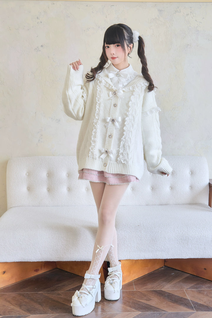 Jirai Kei Sweater Lace Sailor Collar Cardigan With Bows 41682:710162