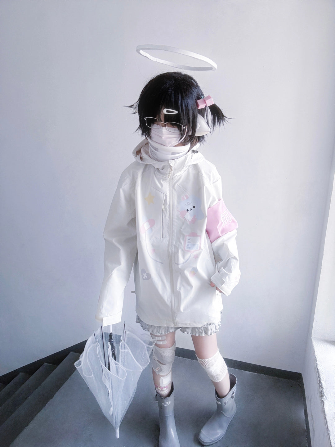 Kawaii Medical Coat Cat Print Coat Beige Hooded Top 38058:579276