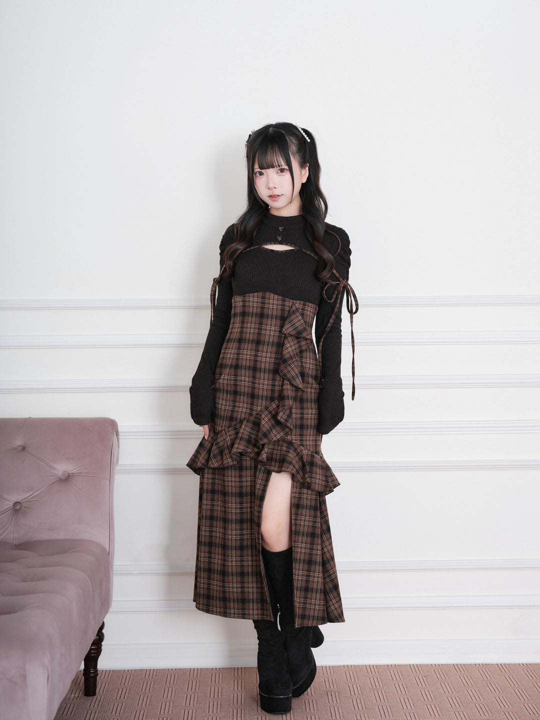 Jirai Kei Plaid Dress, Chest Cutout & Flounce Slit Hem 45956:869327
