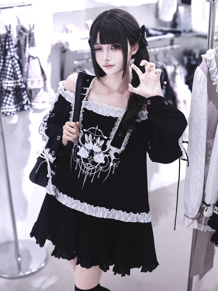 Punk Bunny Print T-shirt Dress, Adjustable Shoulder Straps 45836:865256