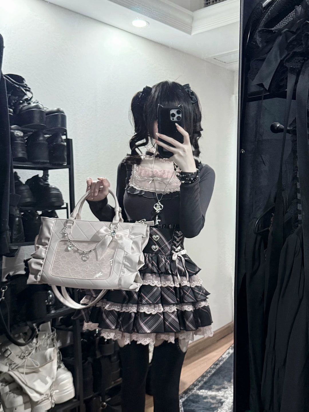 Jirai Kei Knitted Top & Skirt Set, Heart-Shaped Lace Trim 46076:874057