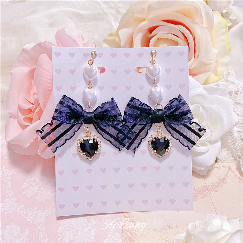 Black Jirai Kei Earrings Heart Rhinestone Bow Ear Clips 33796:449956 33796:449956