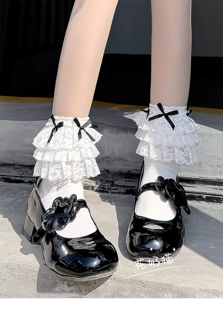 White Lolita Socks Bow And Lace Mid-Calf Cotton Socks 35630:500884 35630:500884