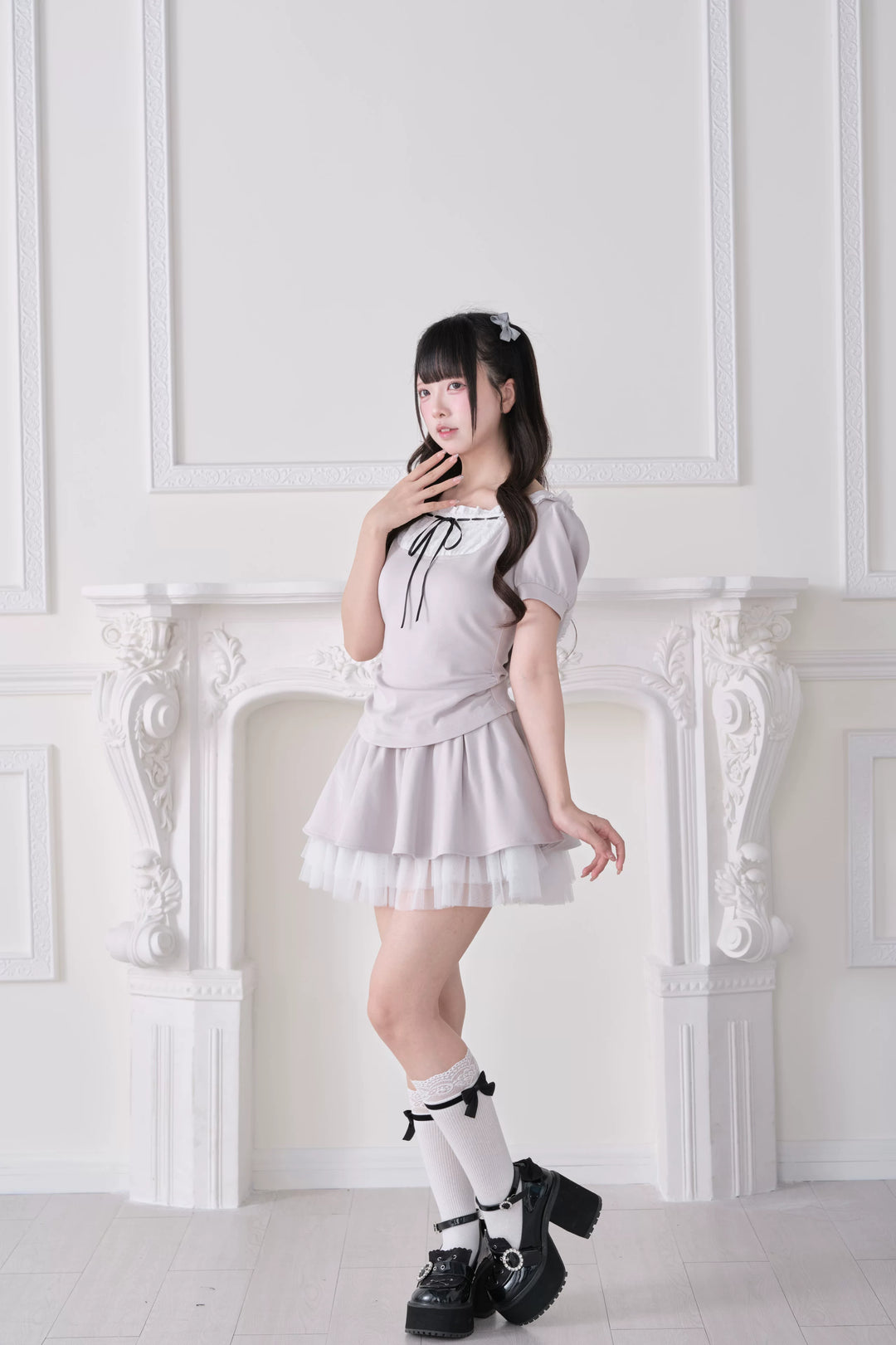 Jirai Kei Hoodie Top & Skirt Set, Tulle Hem 44941:829936