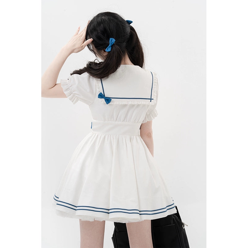 Preppy Dress Sailor Collar Dress White Short Sleeve Dress 36416:574338