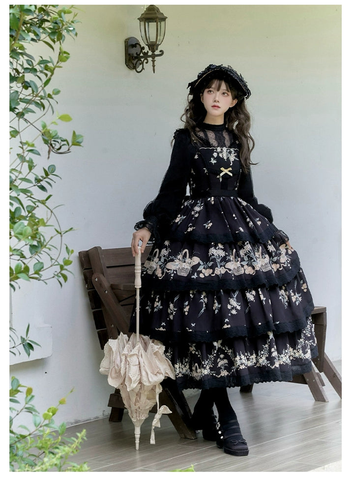 Classic Lolita Dress Twins Cottagecore Embroidery Tiered Dress 39470:641124