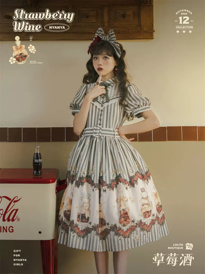 Retro Lolita Dress Strawberry Print Short Sleeve OP Embroidery Shirt 37248:569488