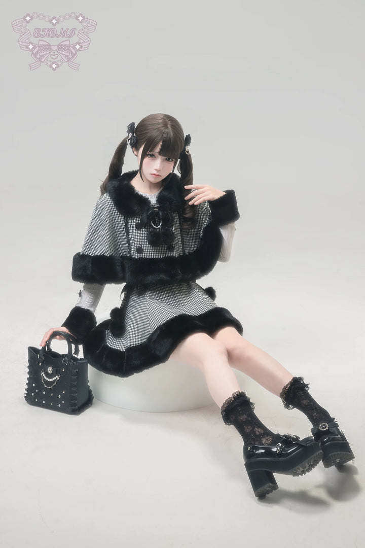 Houndstooth Jirai Kei Plush Cape, High-Waisted Skirt 44591:814678