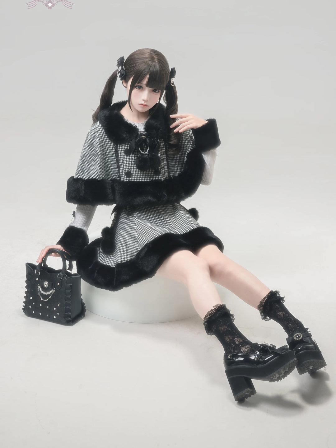 Houndstooth Jirai Kei Plush Cape, High-Waisted Skirt 44591:814686