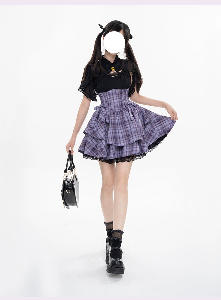 Kawaii Purple Plaid Onepiece Dress Black Bolero 22508:323476 22508:323476