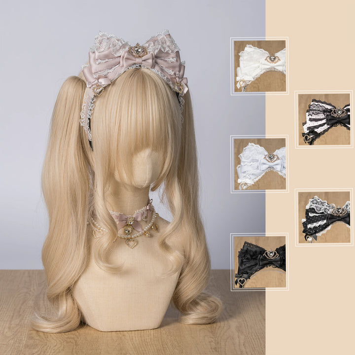 Jirai Kei Layered Bow Lace Headband, Crown & Heart Rhinestone 45960:870858