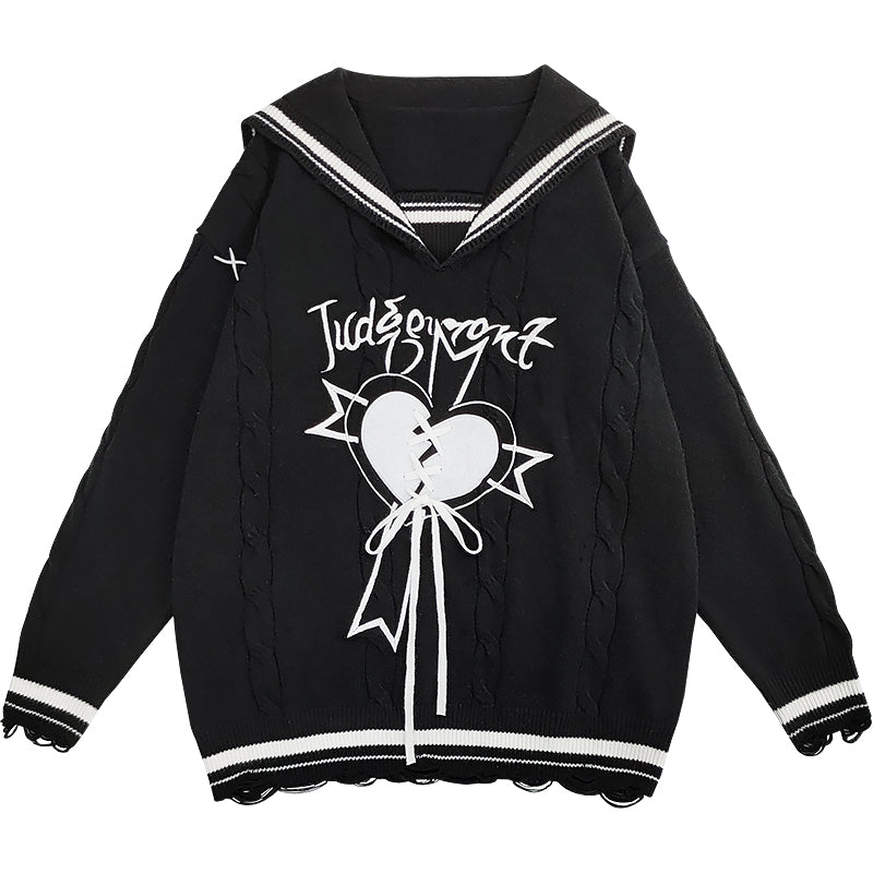 Jirai Kei Sweater Sailor Collar Black Lace-up Sweater