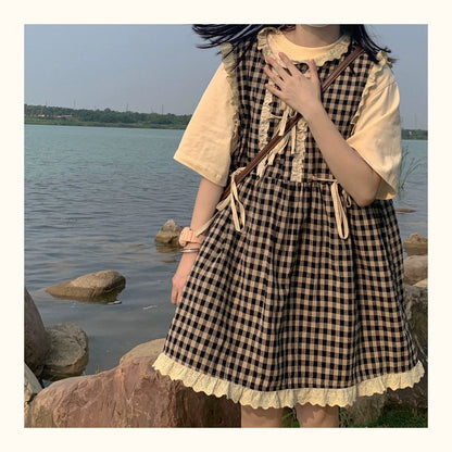 Kawaii Dress Mori Kei Dress Plaid Vest Dress Cotton Linen Dress 36450:523370