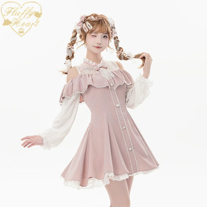 Jirai Kei Dress Set Ryousangata Dress Drop Shoulder Dress (2XL L M S XL / Pink) 37122:552036