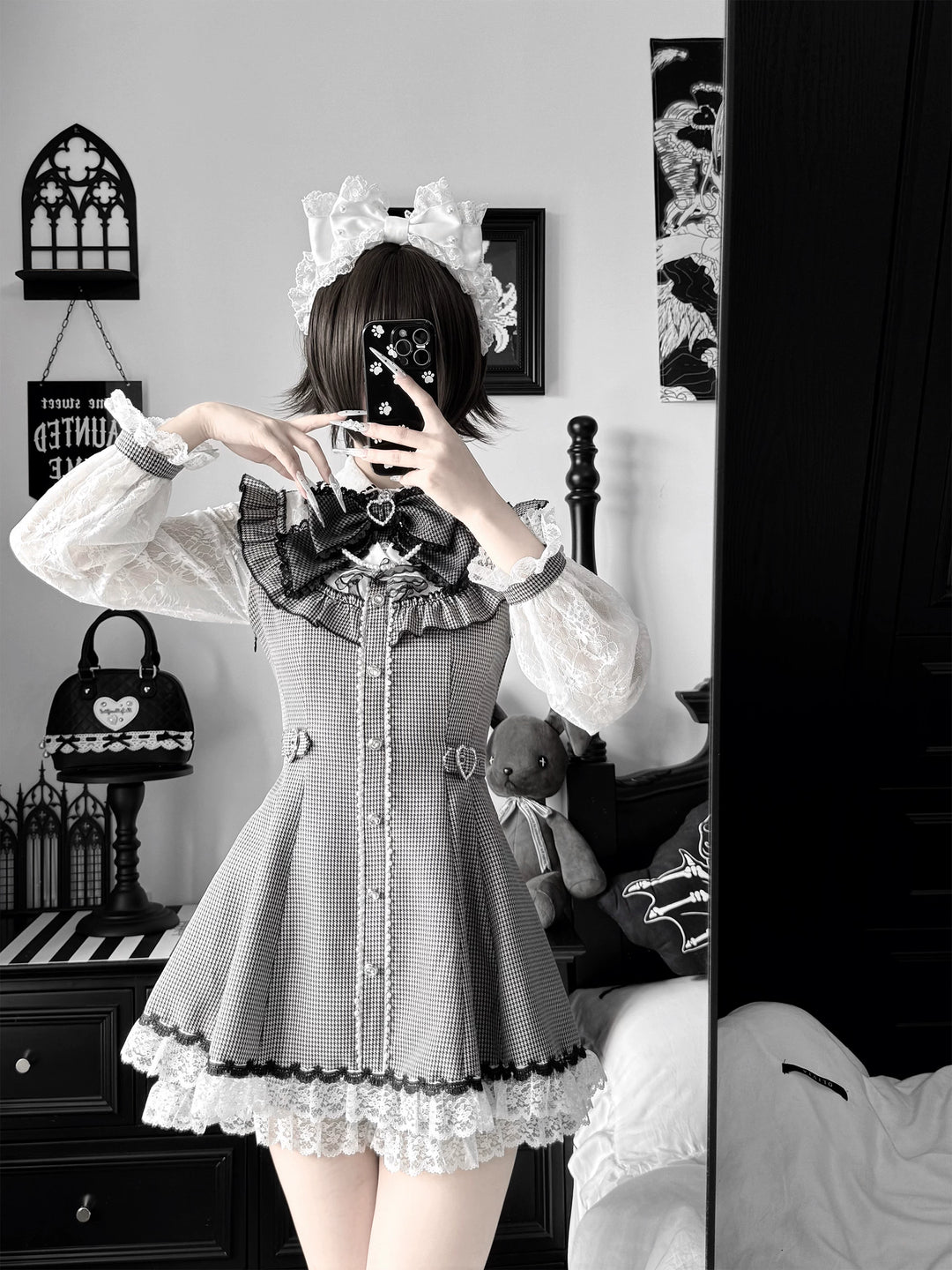 Ryousangata Long-Sleeved Dress Set, Houndstooth & Lace Tulle 46075:874921