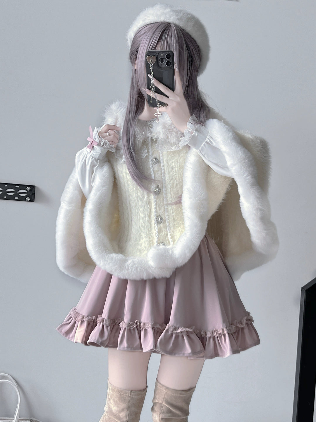 Jirai Kei Coat Lolita Cape Winter Sweetheart Knitted Coat 40864:678776