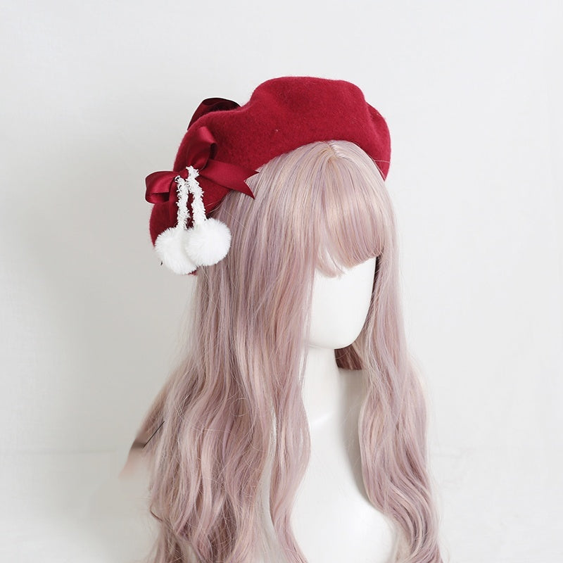 Lolita Hat Wool Beret Felt Ball Bow Beret Multicolor 28930:350690