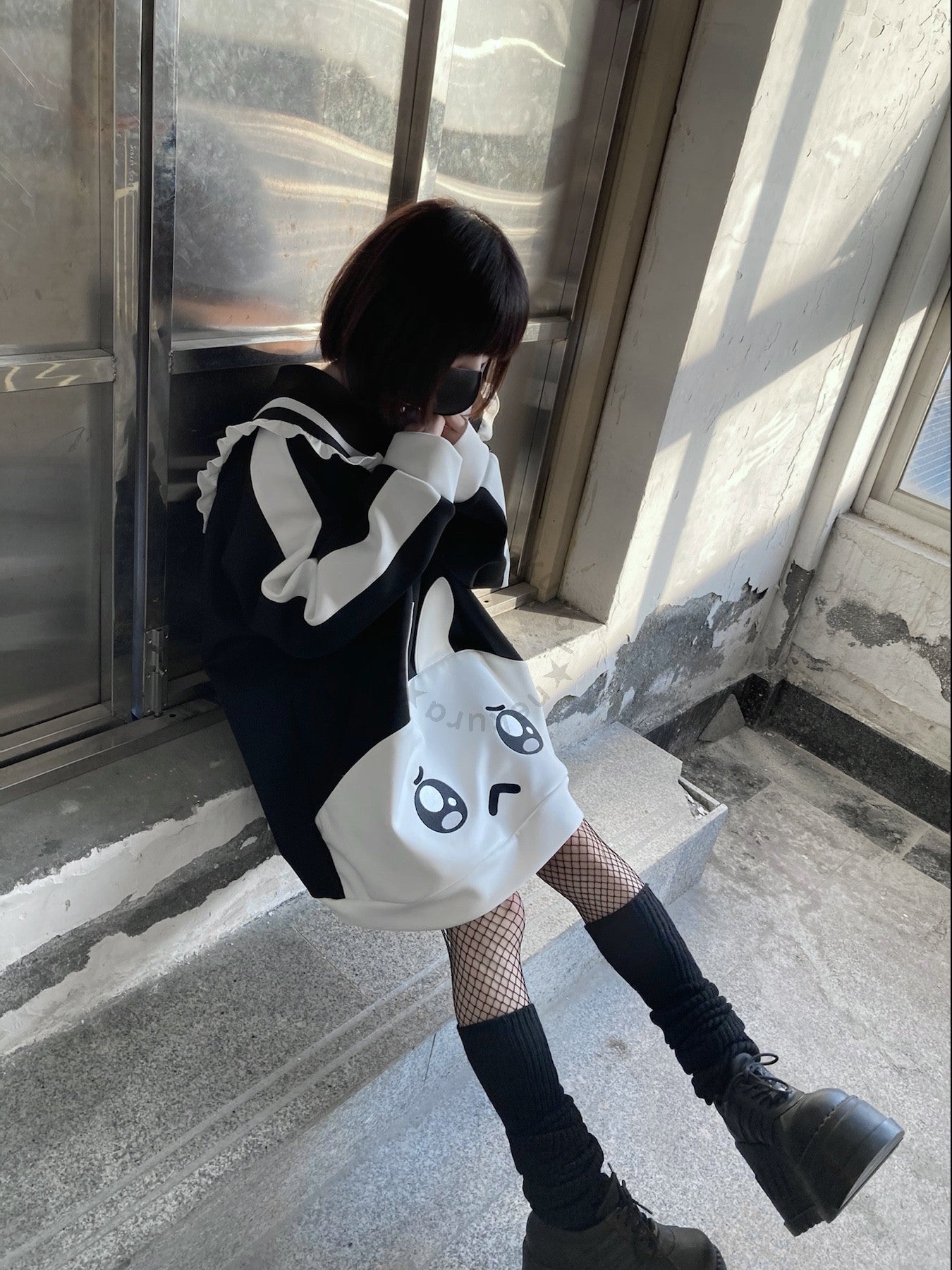 Jirai Kei Black White Hoodie With Bunny Design 29460:346926