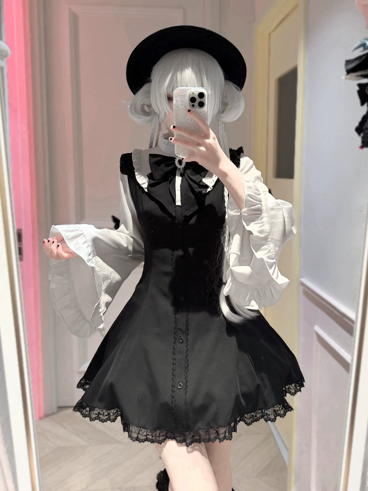 Flared Sleeves Jirai Kei Dress, Rhinestone Bow (2XL 3XL 4XL L M S XL XS) 44951:831283