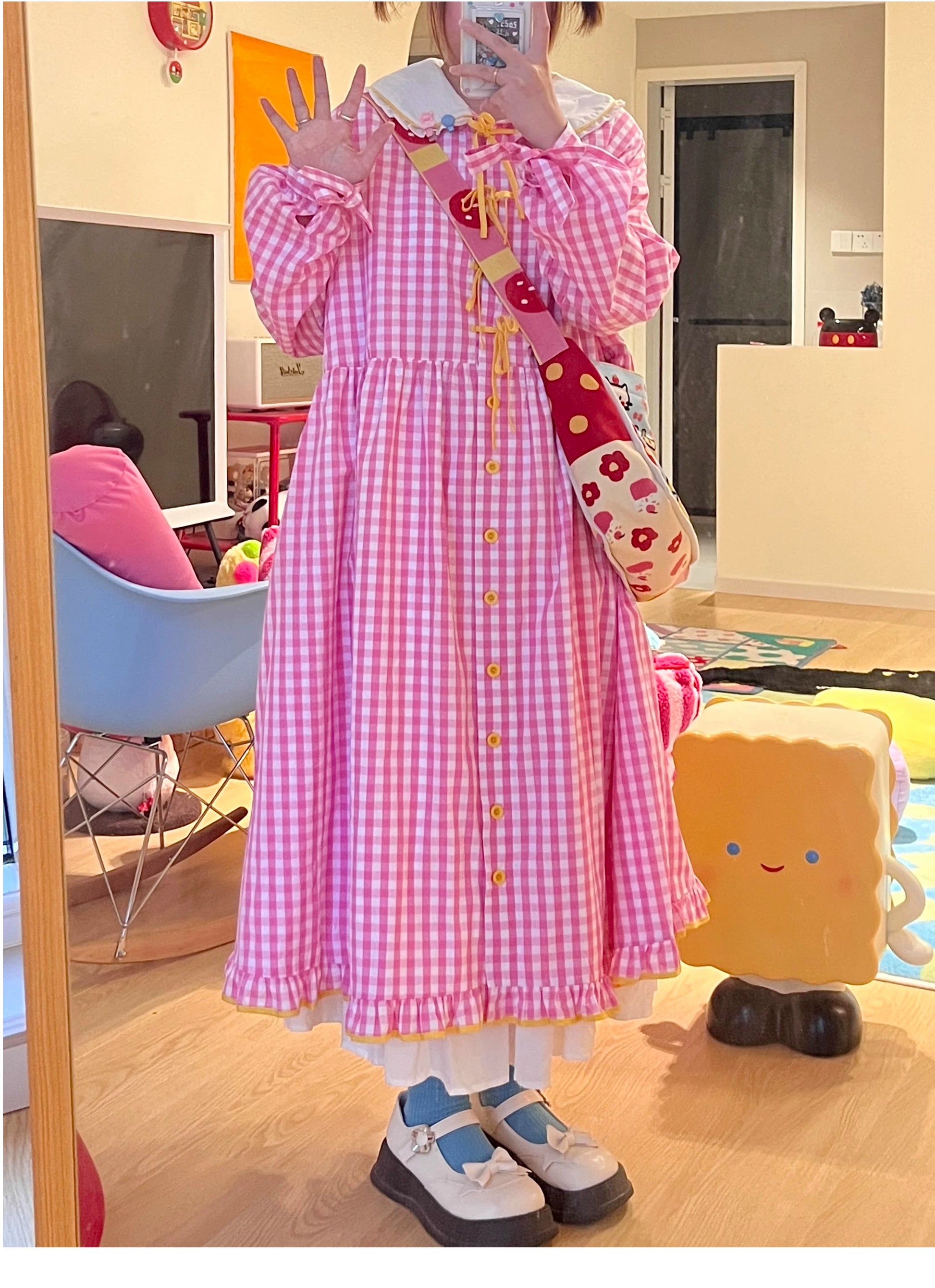 Oversized Mory Kei Dress Plaid Long Sleeve Dress Sweet Dress 36168:517346