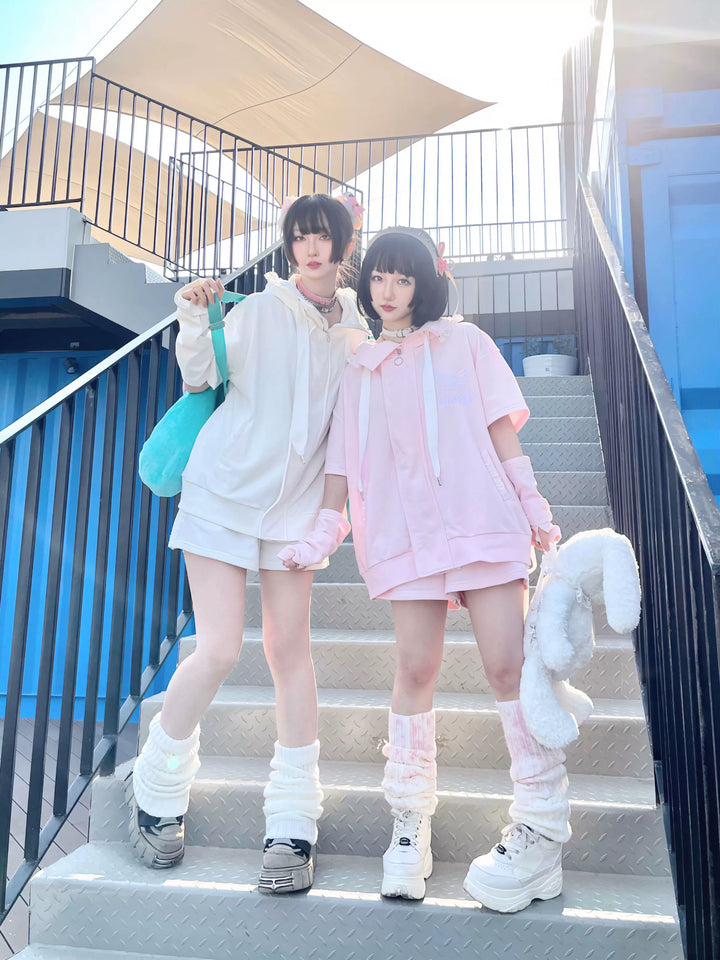 Harajuku Fashion Pink White Hoodie With Bunny Ear 29444:358504 29444:358504