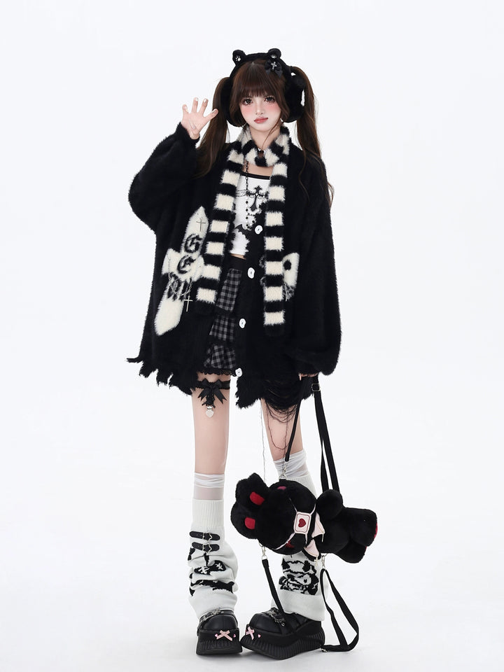 Subculture Sweater Irregular Hem Cardigan With Striped Scarf 40922:680424