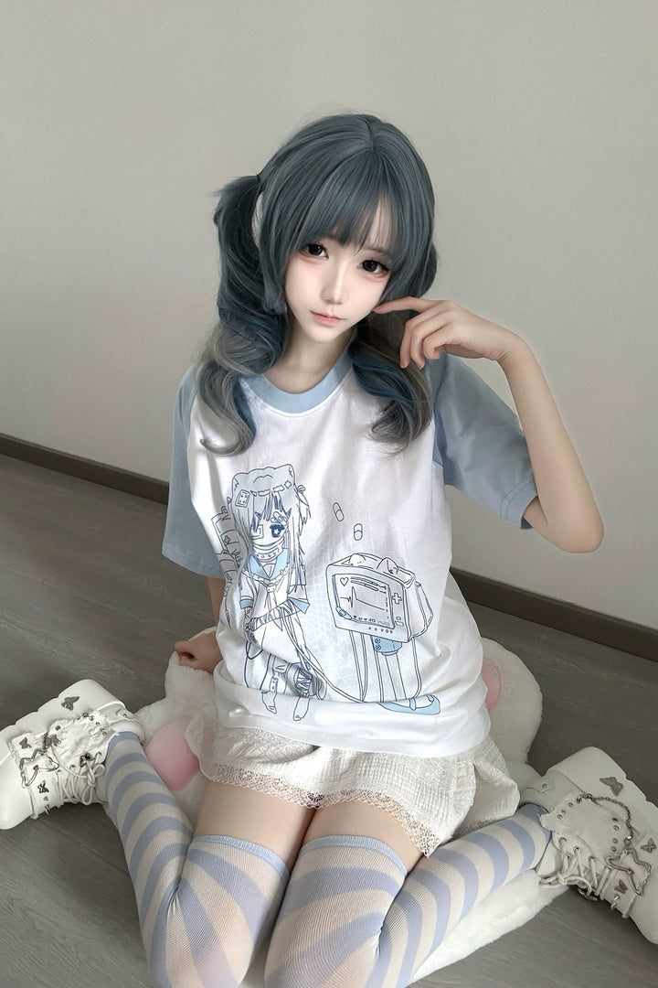 Cotton Jirai Kei T-shirt with Bandaged Girl & ECG Print 42906:757314
