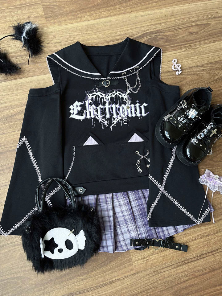 Sub Culture Sweatshirt, Cat Ear Sailor Collar, Front Pocket 43810:786307