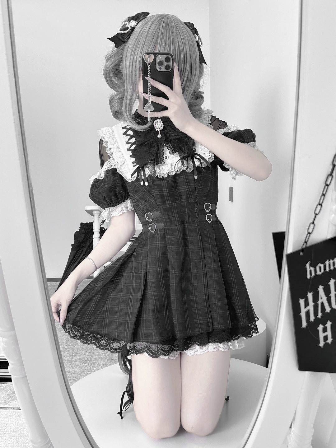 Off-Shoulder Jirai Kei Dress Set with Bow Tie & Safety Shorts 42705:761431