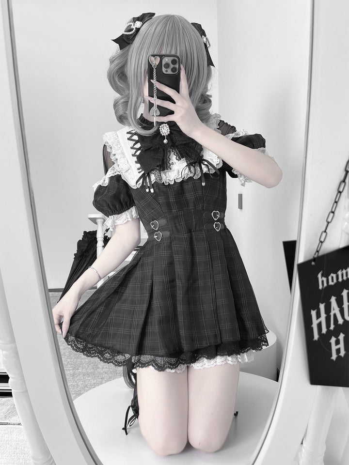 Off-Shoulder Jirai Kei Dress Set with Bow Tie & Safety Shorts 42705:761431
