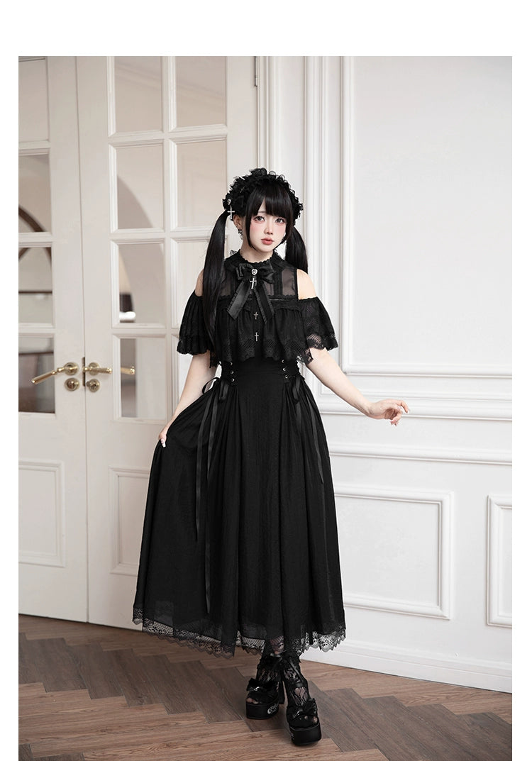 Black / White Jirai Kei Long Dress, Detachable Bow, Cross Detail (L M S) 43510:778756